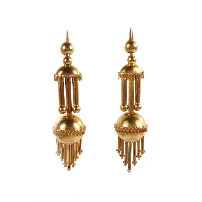 Pair of gold ball and fringe pendant earrings | MasterArt